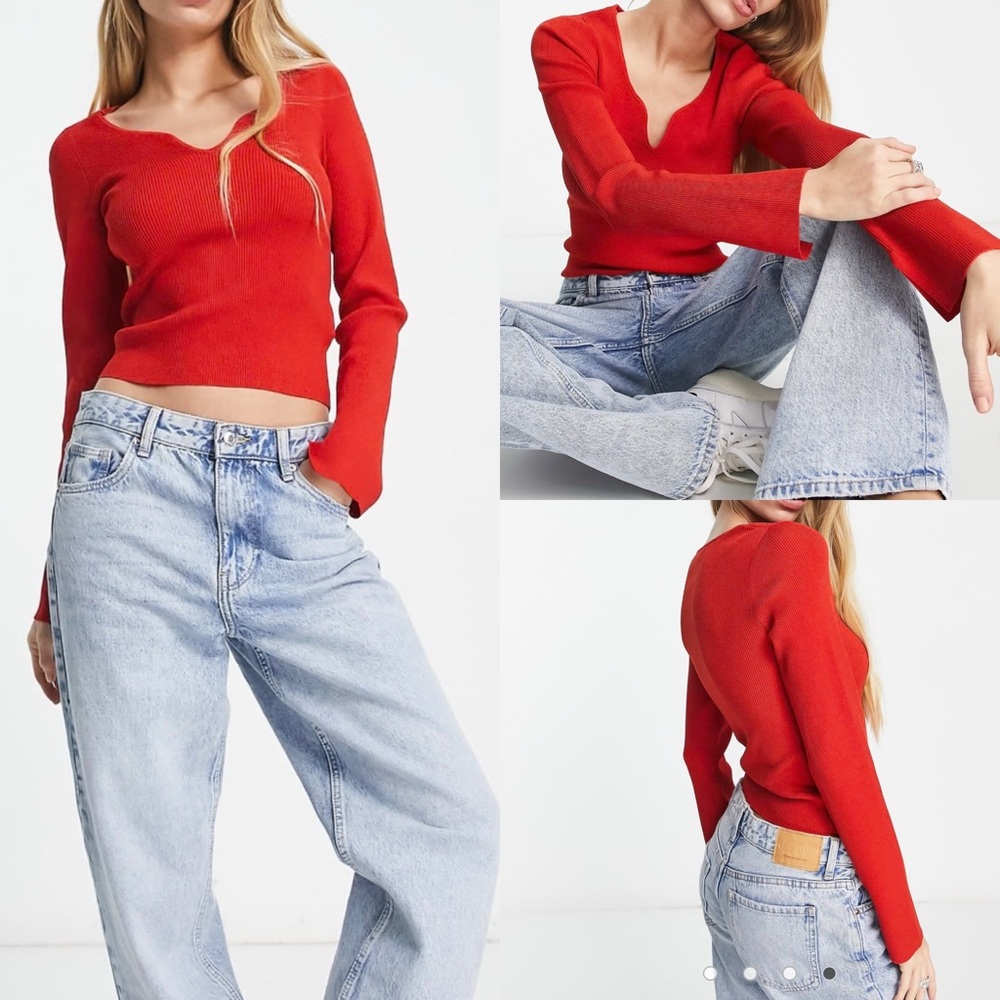 & Other Stories‎ Red Shaped Neckline Knit Top M Stretchy Crop